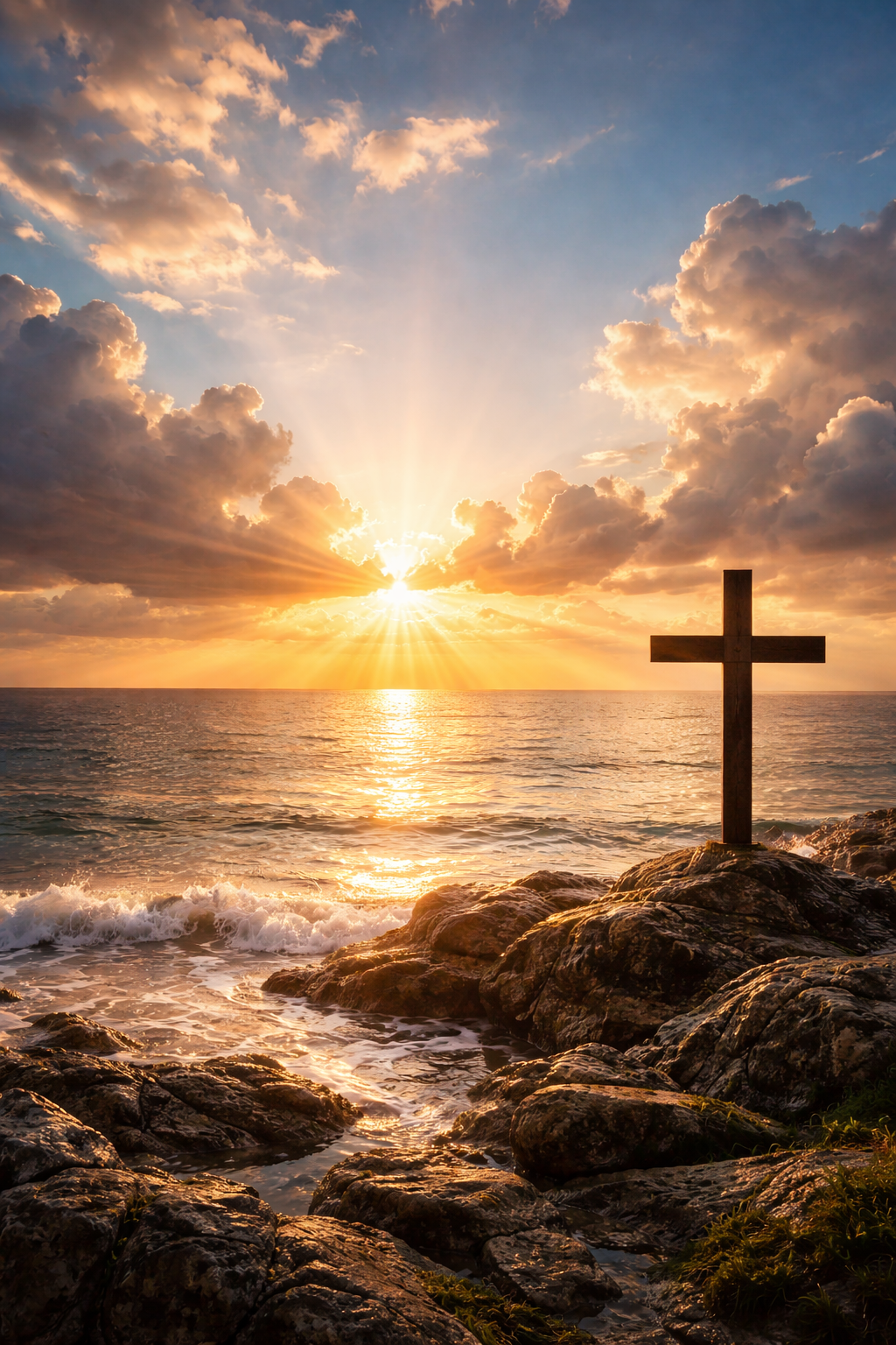 Dramatic sunrise over calm ocean with golden light breaking through clouds, cross silhouette on rocky shore, wide sky for Bible verse text overlay -- HD wallpaper